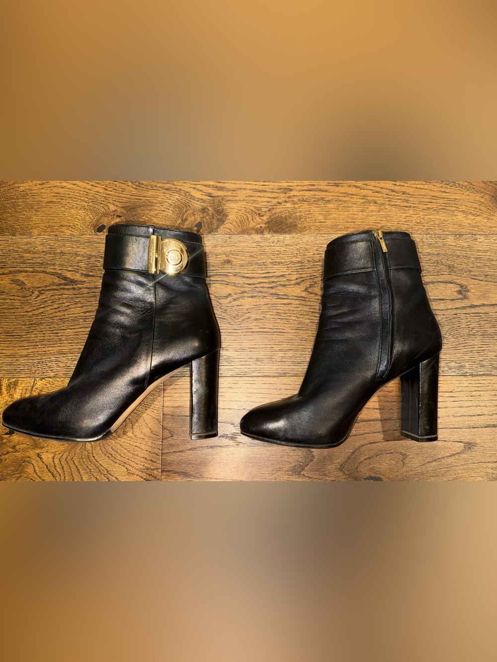 Salvatore Ferragamo Black Leather Gold-Accent Ankle Boots Size 9